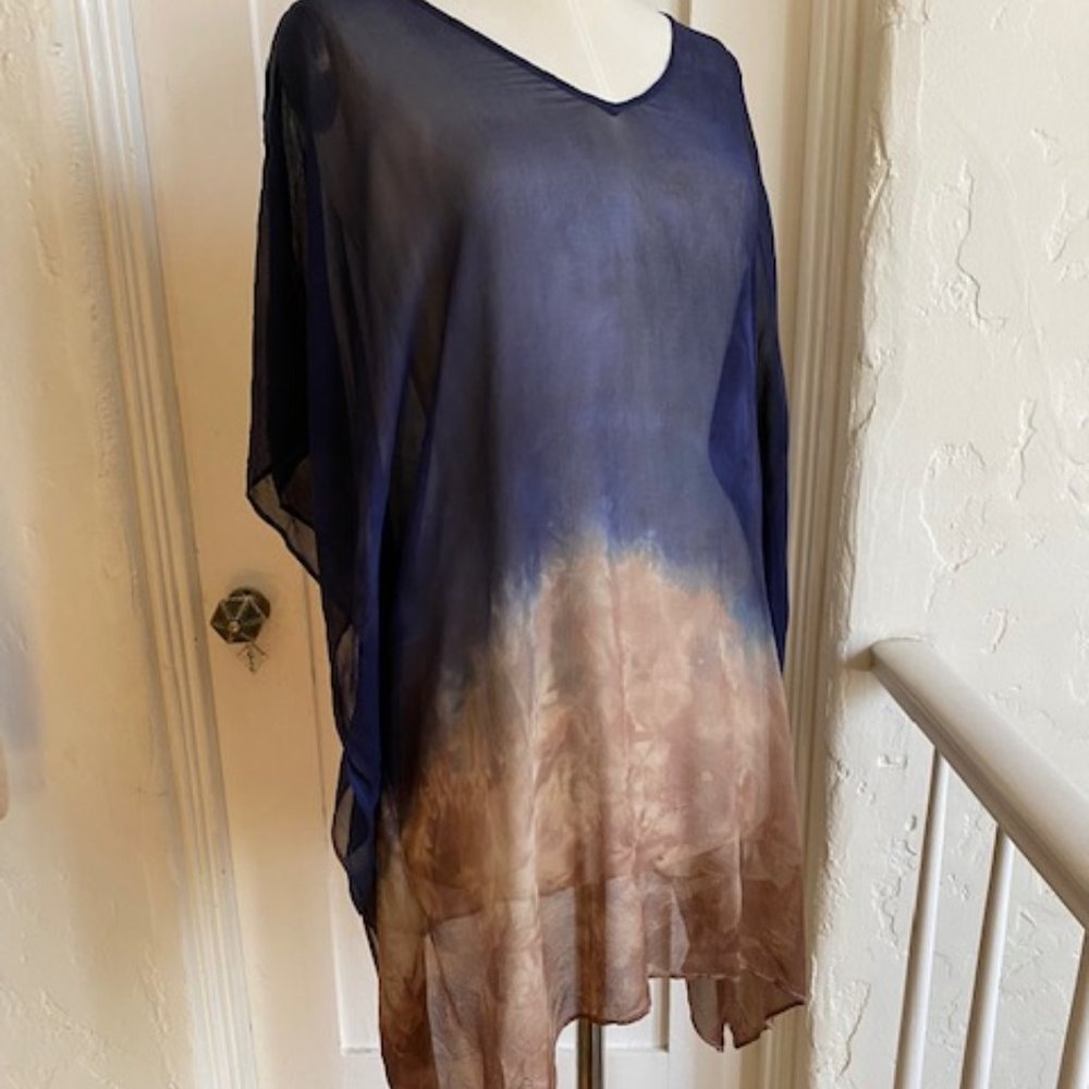 SHEER SILK CHIFFON NAVY AND TAN OMBRE TIE DYE COVER UP TOP
